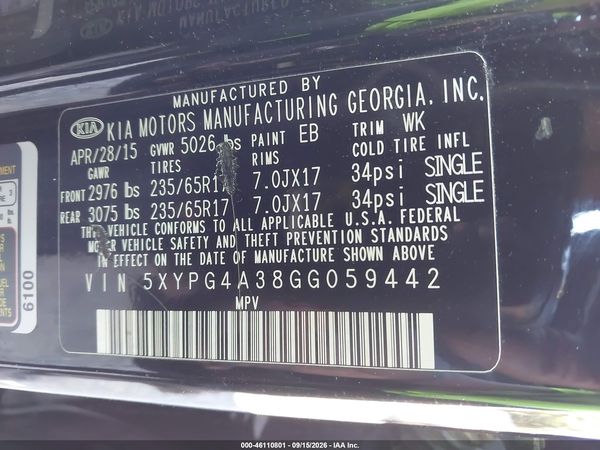 2016 KIA SORENTO 2.4L L — I9