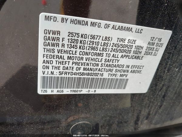 2017 ACURA MDX TECHNOLOGY PACKAGE — I9