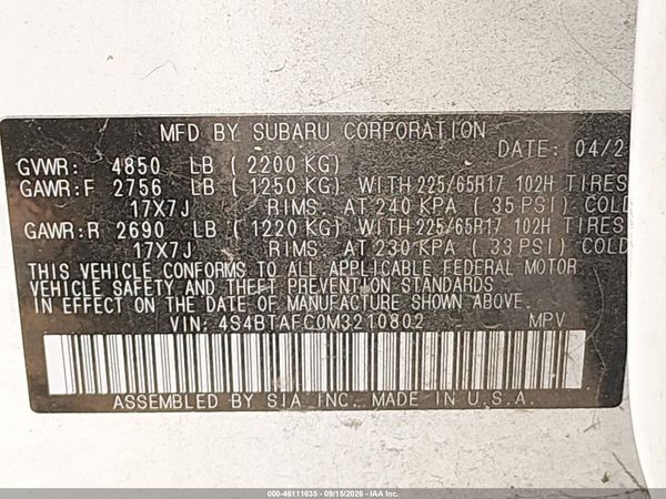 2021 SUBARU OUTBACK PREMIUM — I9