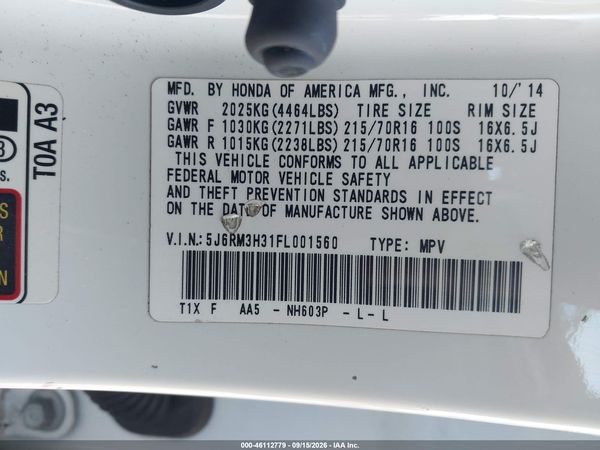 2015 HONDA CR-V LX — I9