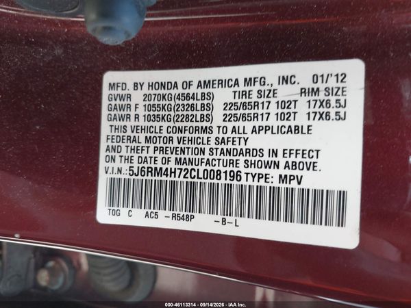 2012 HONDA CR-V EX-L — I9