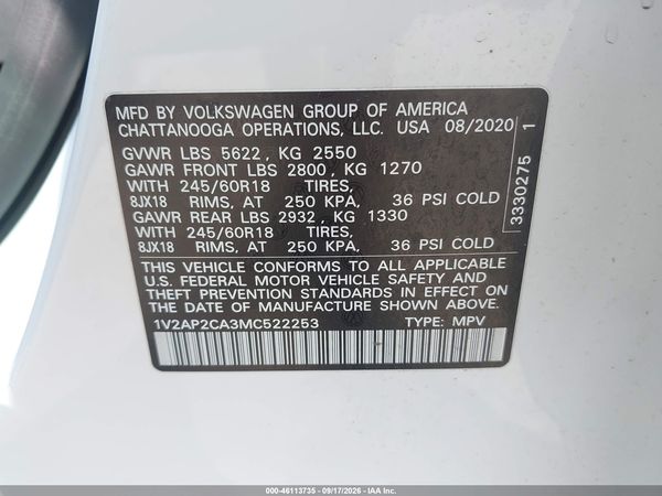 2021 VOLKSWAGEN ATLAS 2.0T S — I9