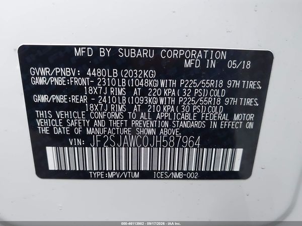 2018 SUBARU FORESTER 2.5I TOURING — I9
