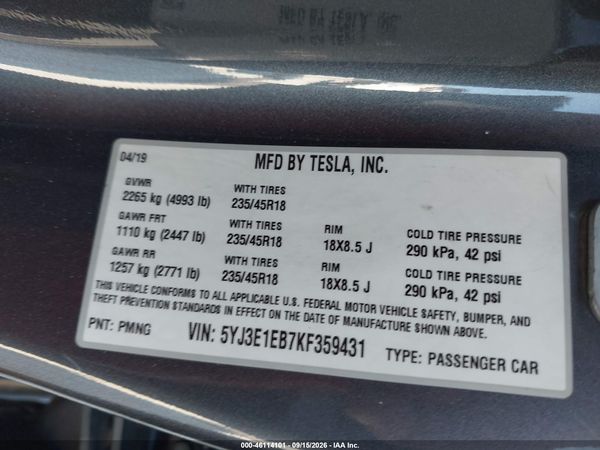 2019 TESLA MODEL 3 LONG RANGE/PERFORMANCE — I9