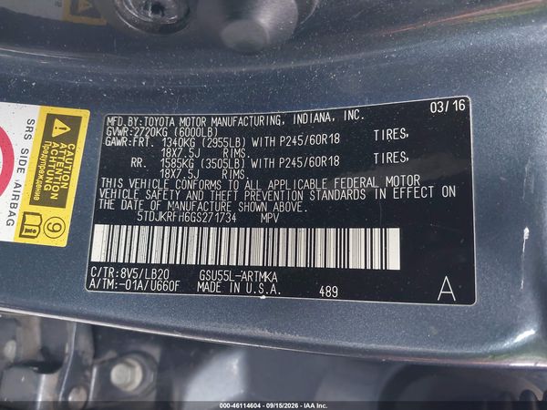 2016 TOYOTA HIGHLANDER XLE V6 — I9