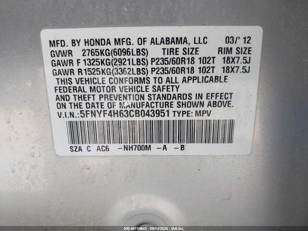2012 HONDA PILOT EX-L — I9