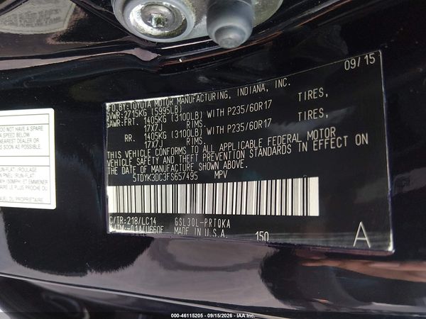 2015 TOYOTA SIENNA XLE 8 PASSENGER — I9