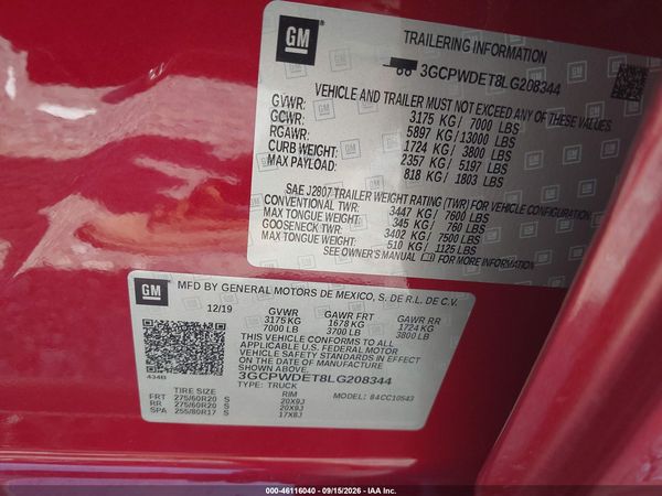 2020 CHEVROLET SILVERADO 1500 2WD  SHORT BED RST — I9