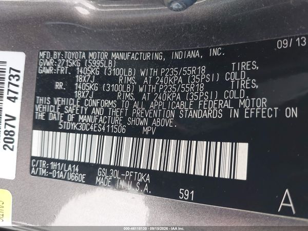 2014 TOYOTA SIENNA LIMITED V6 7 PASSENGER — I9