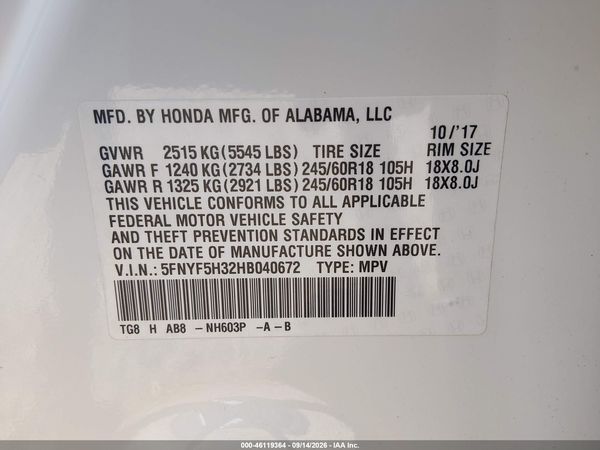 2017 HONDA PILOT EX — I9