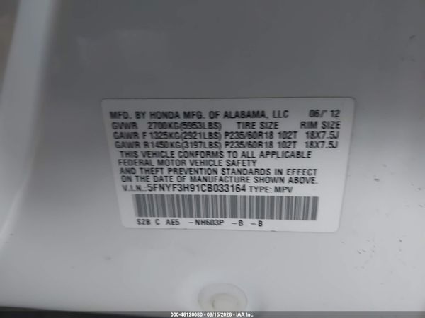 2012 HONDA PILOT TOURING — I9