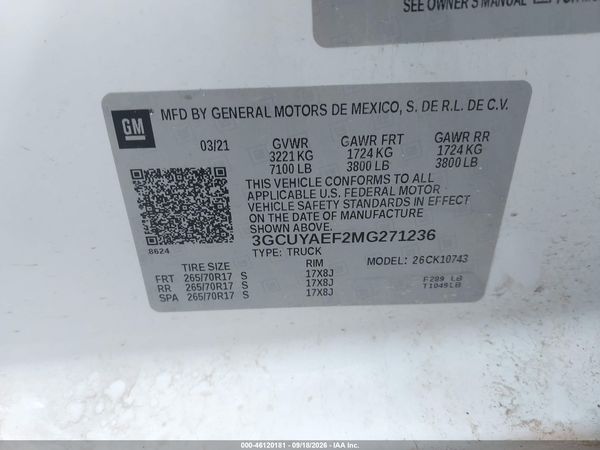 2021 CHEVROLET SILVERADO 1500 4WD  STANDARD BED WT — I9