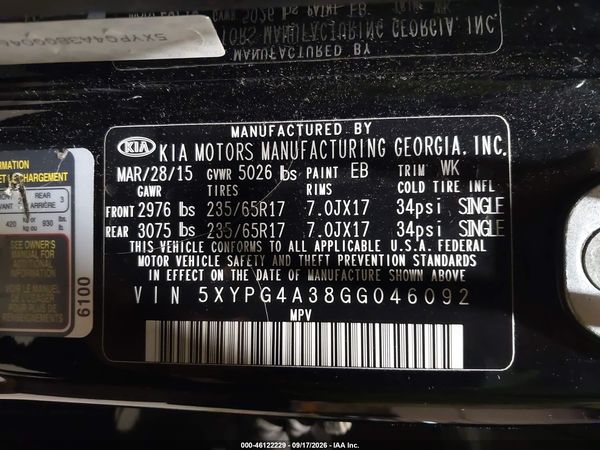 2016 KIA SORENTO 2.4L L — I9
