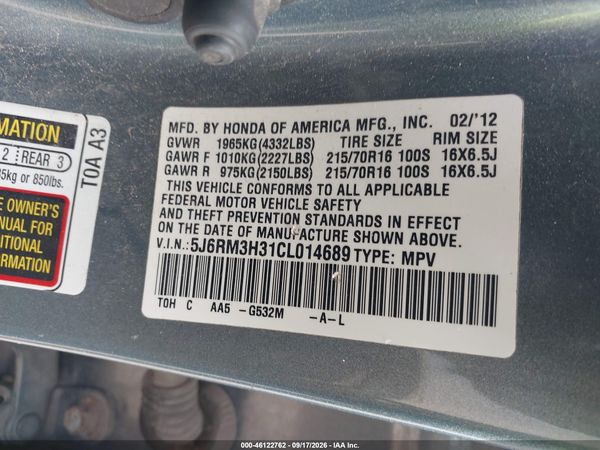 2012 HONDA CR-V LX — I9