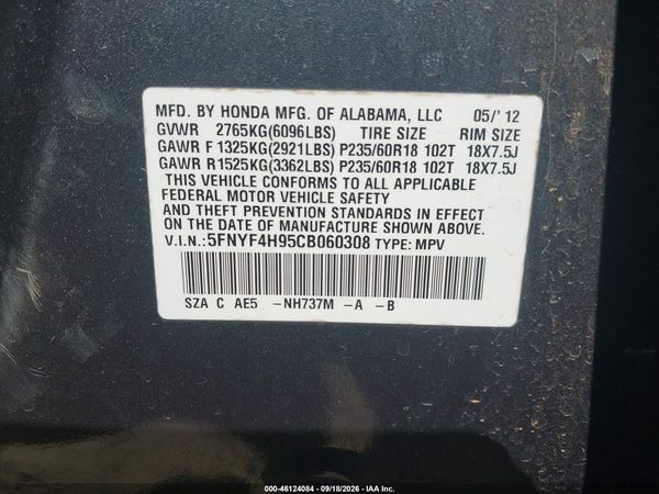 2012 HONDA PILOT TOURING — I9