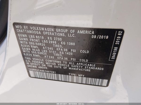 2019 VOLKSWAGEN ATLAS 3.6L V6 SEL R-LINE — I9