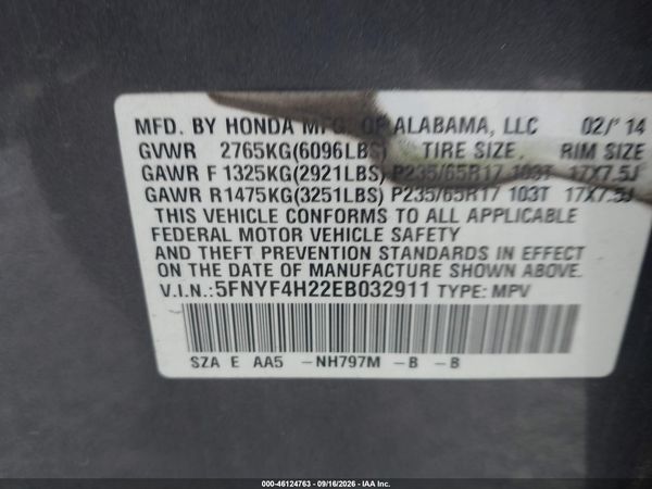 2014 HONDA PILOT LX — I9