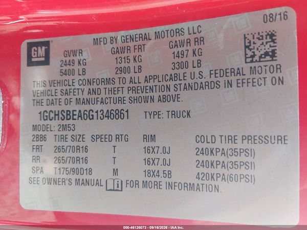 2016 CHEVROLET COLORADO WT — I9