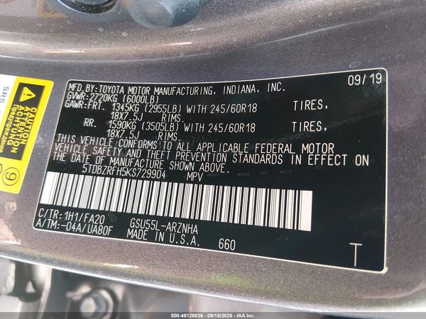 2019 TOYOTA HIGHLANDER LE PLUS — I9