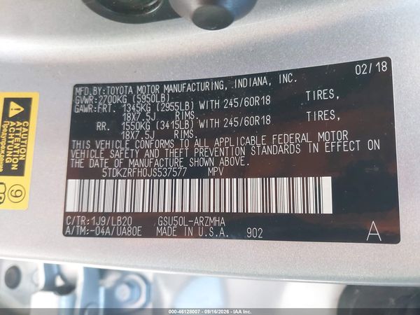 2018 TOYOTA HIGHLANDER XLE — I9