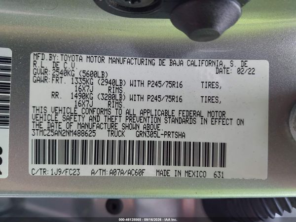 2022 TOYOTA TACOMA SR5 V6 — I9