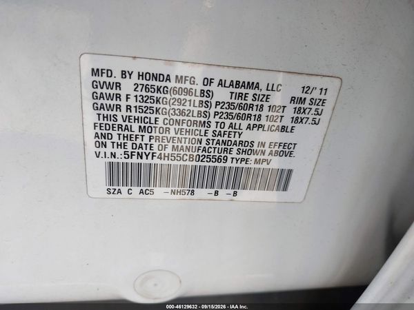 2012 HONDA PILOT EX-L — I9