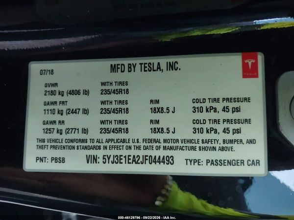 2018 TESLA MODEL 3 LONG RANGE/MID RANGE — I9