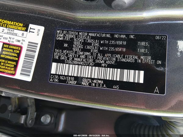 2022 TOYOTA HIGHLANDER XLE — I7