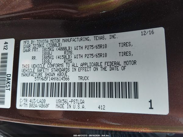 2017 TOYOTA TUNDRA LIMITED 5.7L V8 — I9