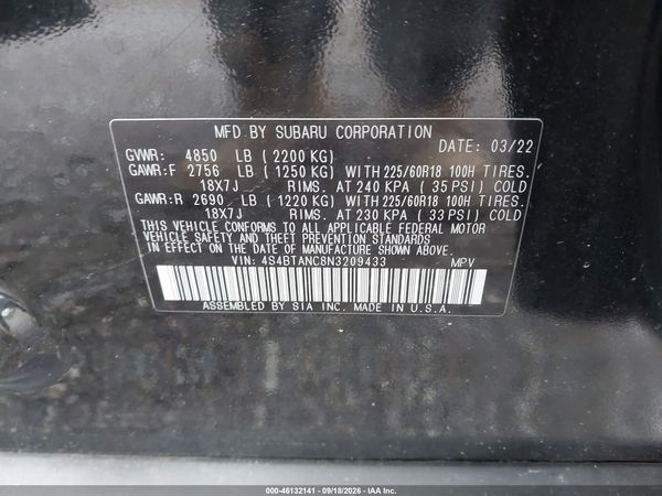2022 SUBARU OUTBACK LIMITED — I9