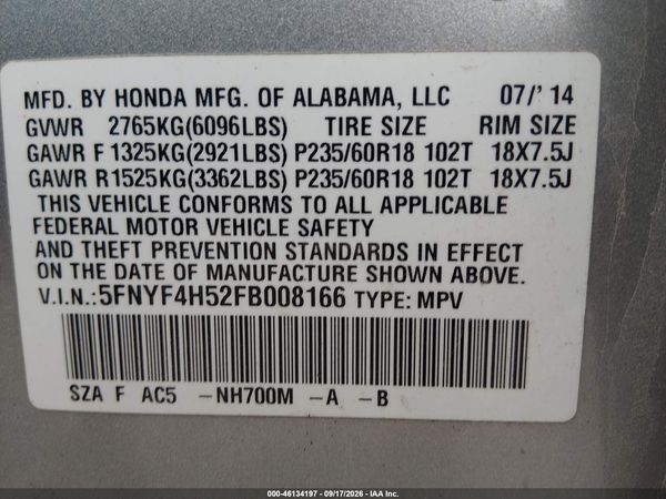 2015 HONDA PILOT EX-L — I9