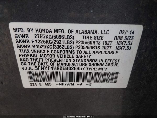 2014 HONDA PILOT TOURING — I9