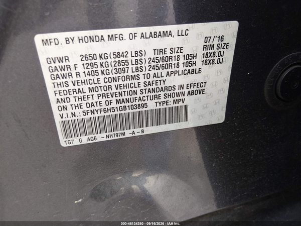 2016 HONDA PILOT EX-L — I9