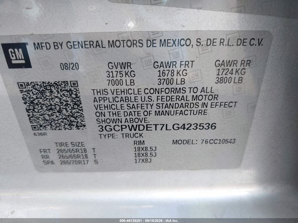 2020 CHEVROLET SILVERADO 1500 2WD  SHORT BED RST — I9