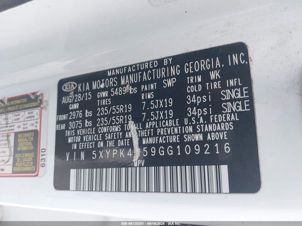 2016 KIA SORENTO 3.3L SX — I9