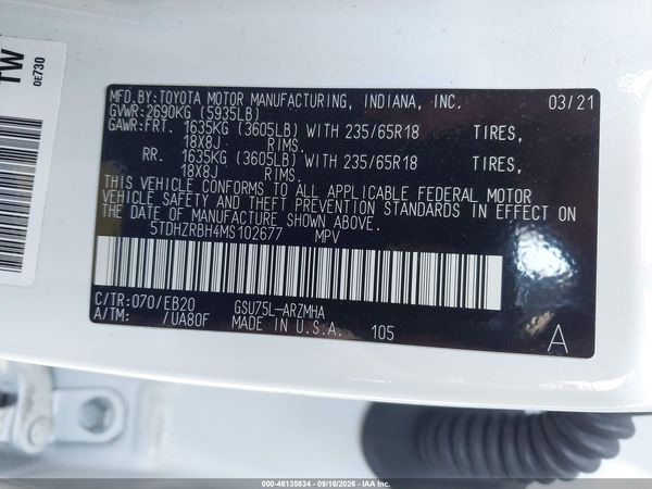 2021 TOYOTA HIGHLANDER XLE — I9