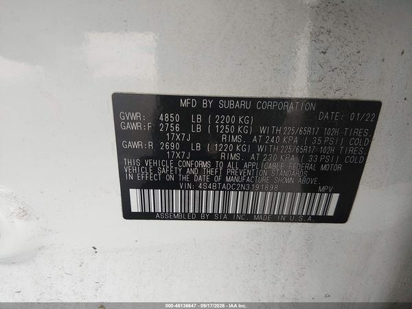 2022 SUBARU OUTBACK PREMIUM — I9