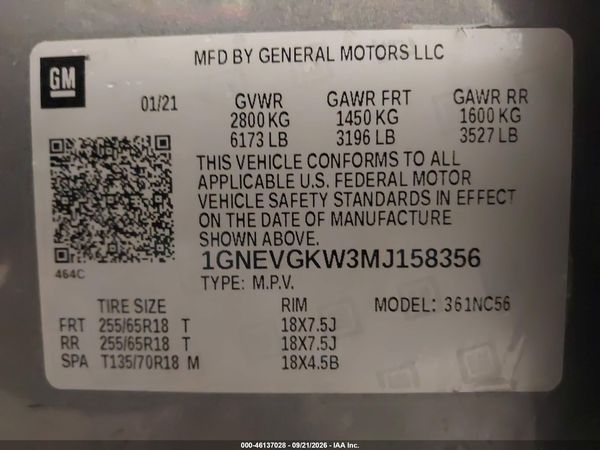 2021 CHEVROLET TRAVERSE AWD LT CLOTH — I9