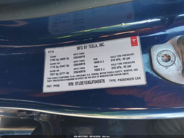 2018 TESLA MODEL 3 LONG RANGE/MID RANGE — I9