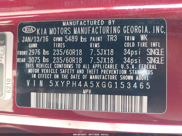 2016 KIA SORENTO 3.3L EX — I9
