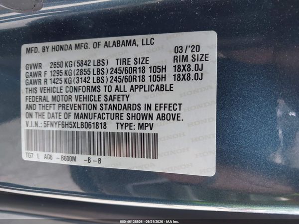2020 HONDA PILOT AWD EX-L — I9