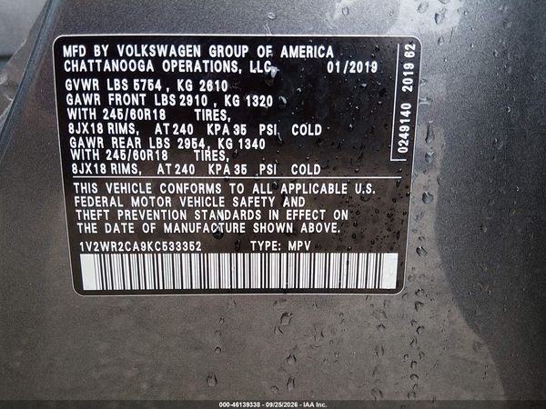 2019 VOLKSWAGEN ATLAS 3.6L V6 SE W/TECHNOLOGY — I9