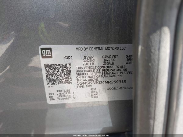 2022 CHEVROLET TAHOE 4WD LT — I9