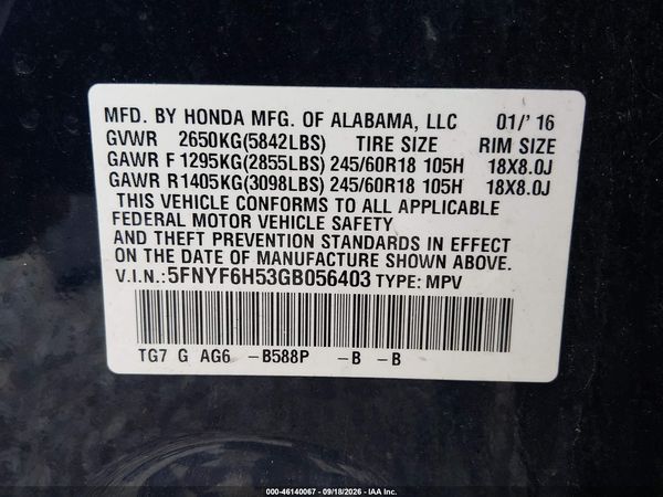 2016 HONDA PILOT EX-L — I9
