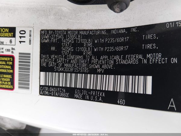 2015 TOYOTA SIENNA LE 8 PASSENGER — I9