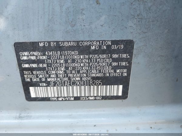 2019 SUBARU CROSSTREK 2.0I PREMIUM — I9