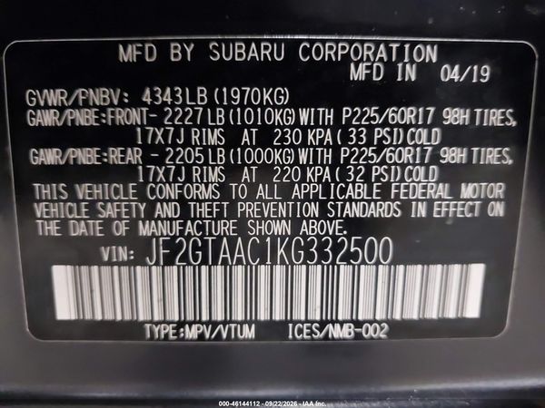 2019 SUBARU CROSSTREK 2.0I — I9