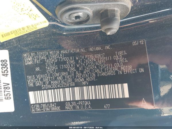 2012 TOYOTA SIENNA XLE V6 8 PASSENGER — I9