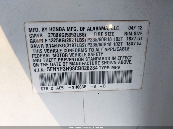 2012 HONDA PILOT TOURING — I9