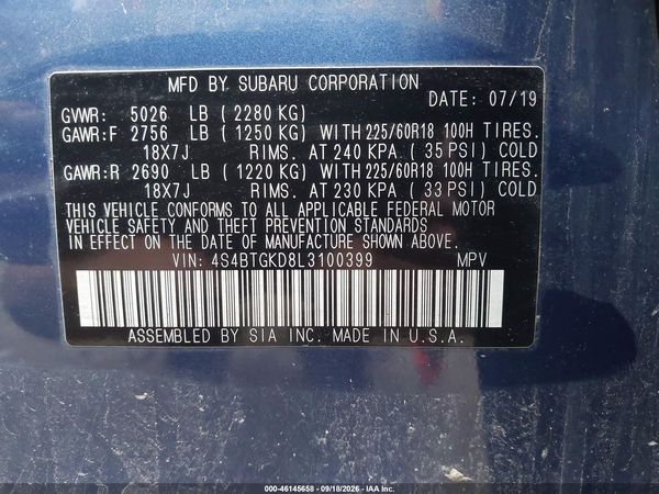 2020 SUBARU OUTBACK ONYX EDITION XT — I9